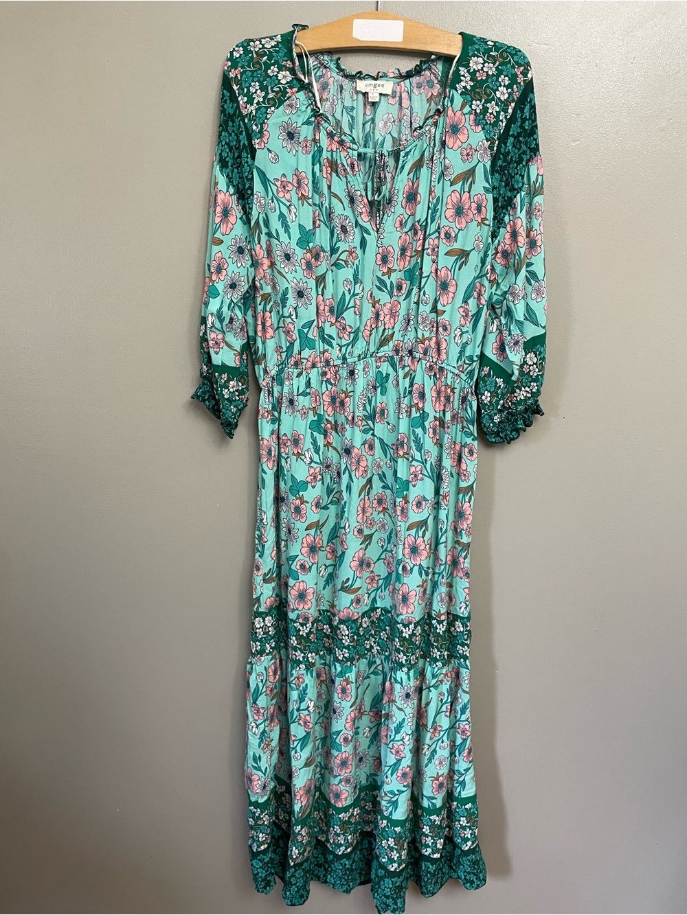 Umgee Women's Teal Floral Tiered Maxi Long Sleeve Keyhole Neck Dress Large